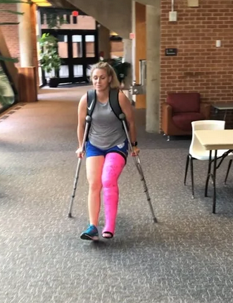 Saige Soccer Saga - Splint to SLC to LLC - A giant, full length, pink leg cast with black stockinette. She ambles back to campus, still proficient but a little slower and shares all about her pink cast which matches her pink pedicure.