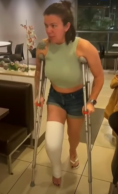 Falls in the stairs and breaks her leg, full leg cats and crutches...   Broken leg, cast, SLWC, interesting twist while walking...   Part 2 I broke my leg, leg cast and crutches ....    