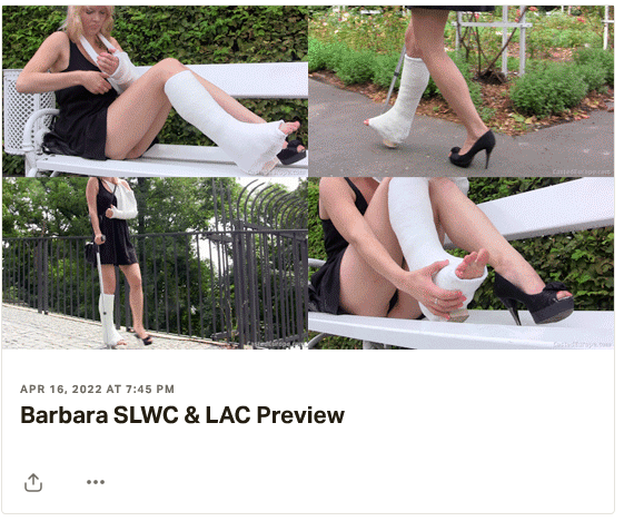 New clips: #1 Barbara SLWC & LAC - Having her left arm in a plaster long arm cast Barbara's struggeling to handle the crutch with allows walking with her plastered right leg.