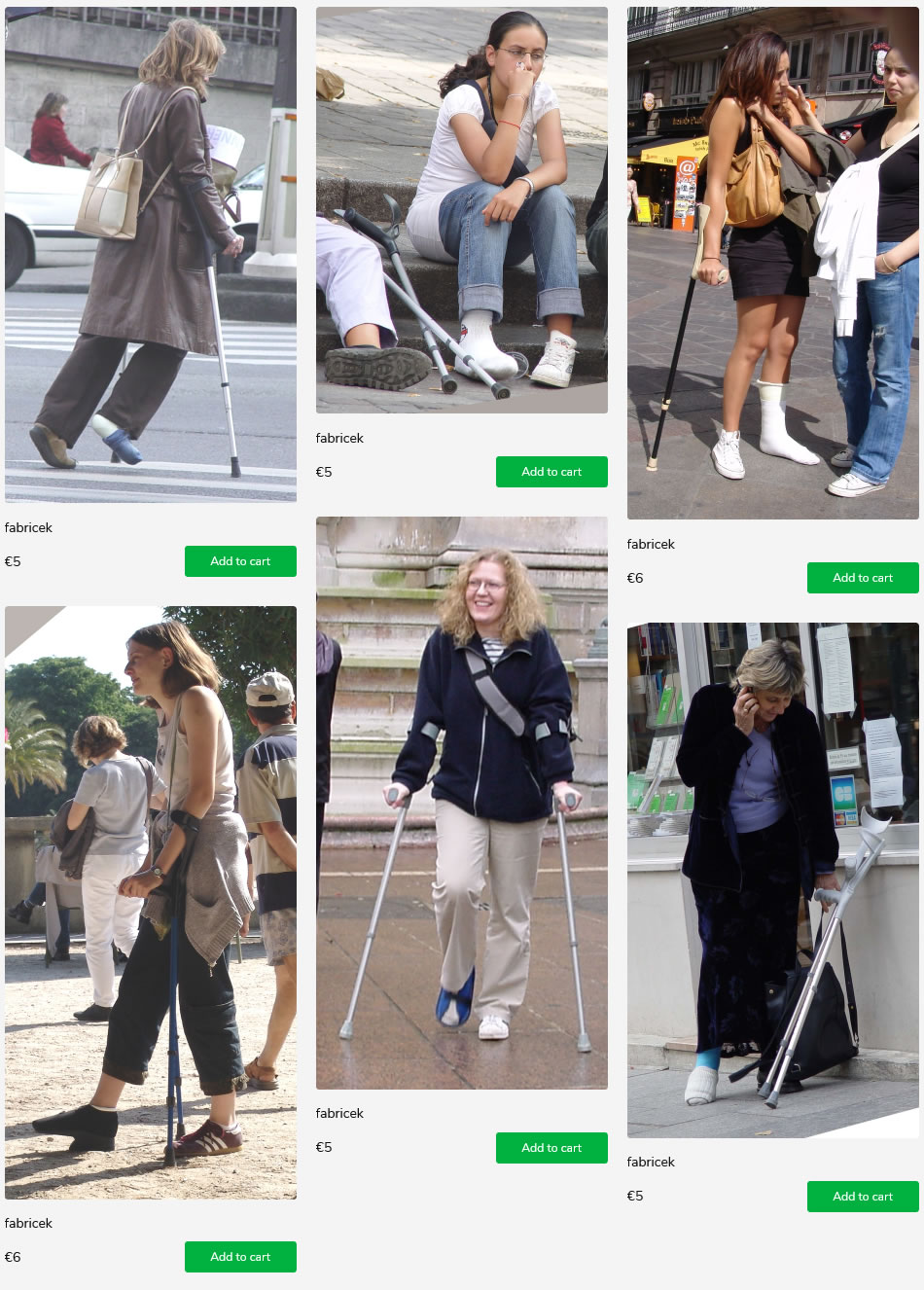 4 sets of women with leg injuries - with casts, bandages & orthopedic shoes. all on crutches.