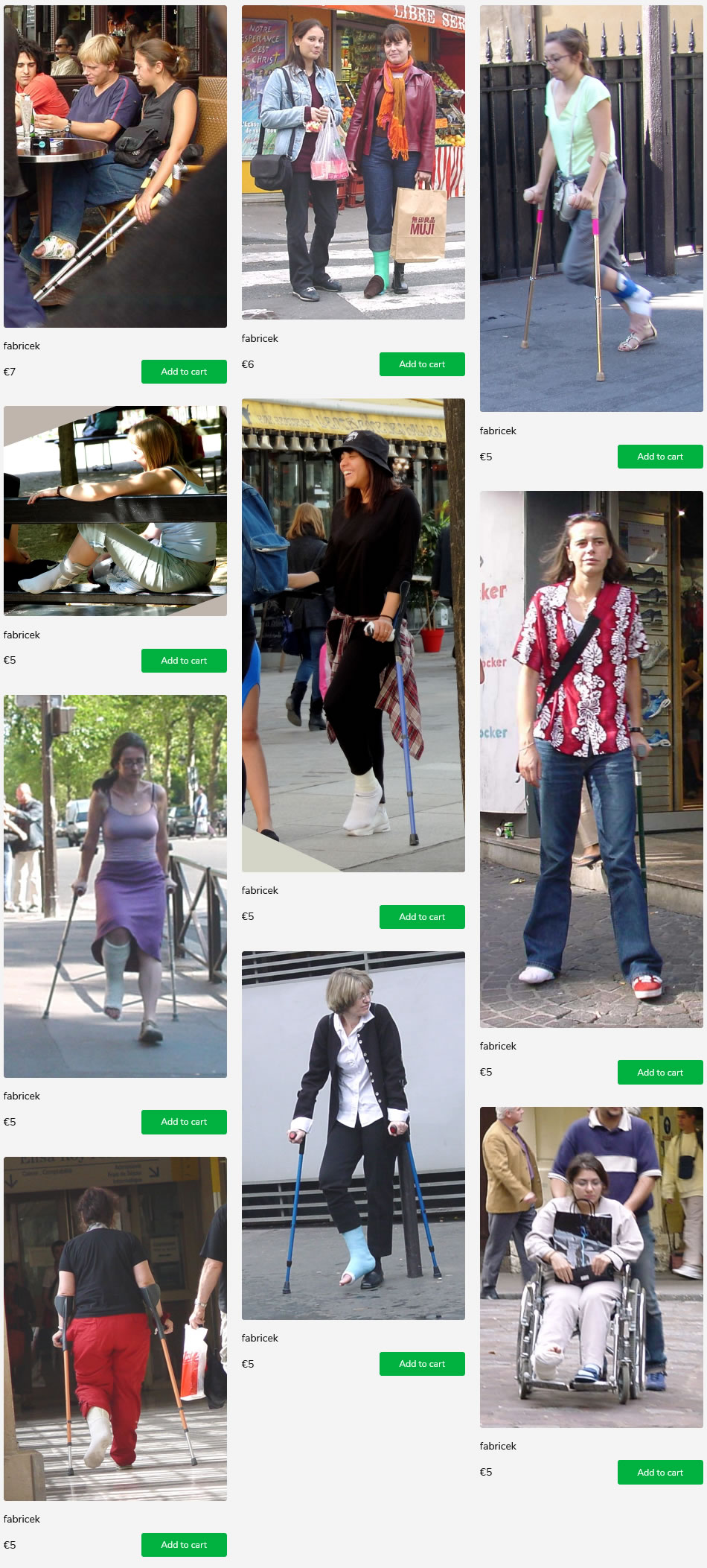 10 sets of women with casted or braced feet - some on crutches, one in wheelchair.