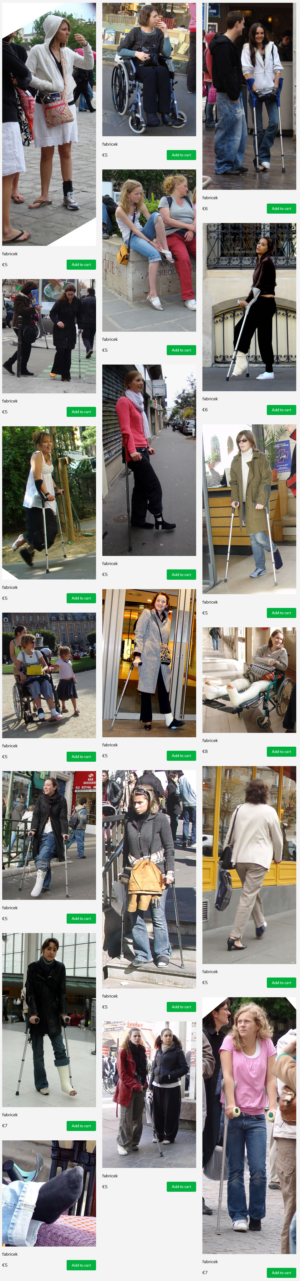 19 sets of french girls and women in all kinds of orthopedic treatments: casts, bandages, braces - moving on crutches and in wheelchairs. some with multiple limbs immobilized.