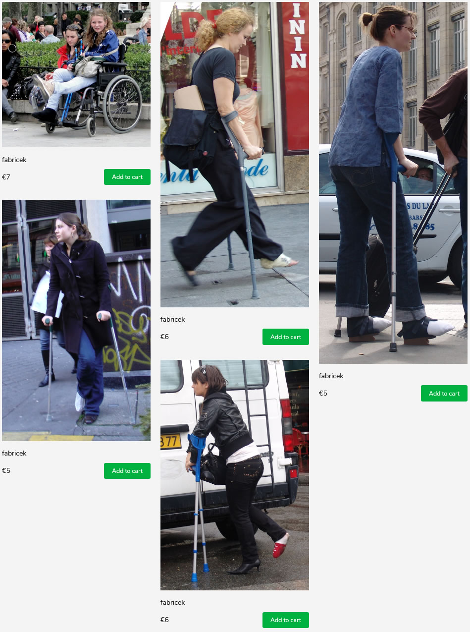 5 sets of french women in casts with crutches and in wheelchair - one with both feet bandaged in special shoes