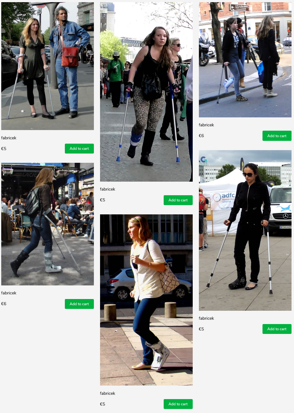 6 sets of french ladies with injured feet in braces and camwalkers on crutches