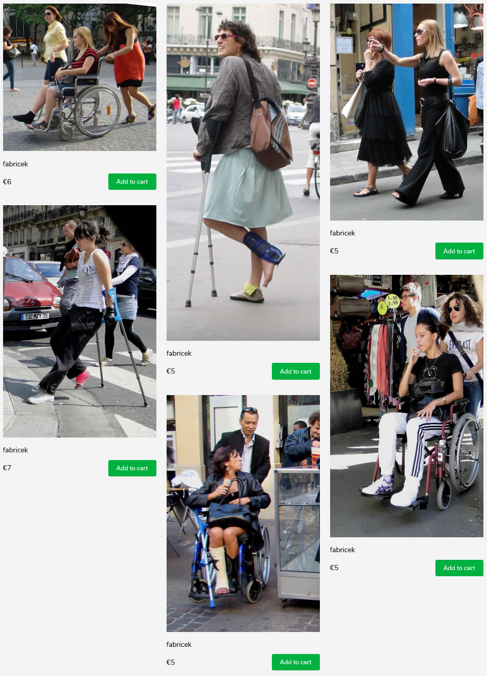 6 sets of french women with injured feet on crutches and in wheelchairs. Wearing casts and braces.
