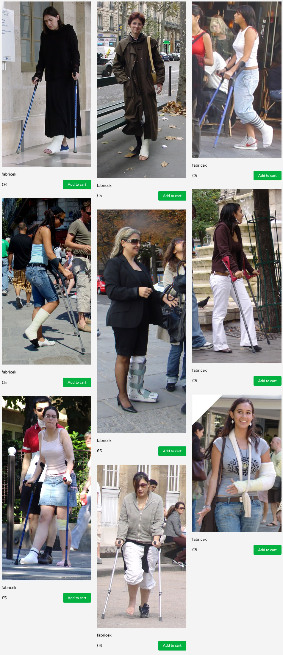 9 sets of french women with injured feet on crutches. Wearing casts, braces and socks.