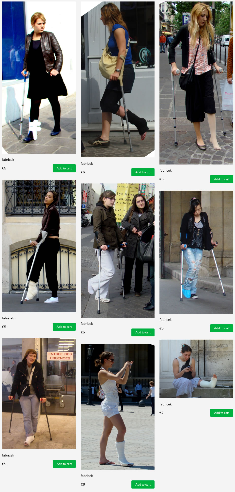 9 sets of french women on crutches wearing casts, splints and bandages