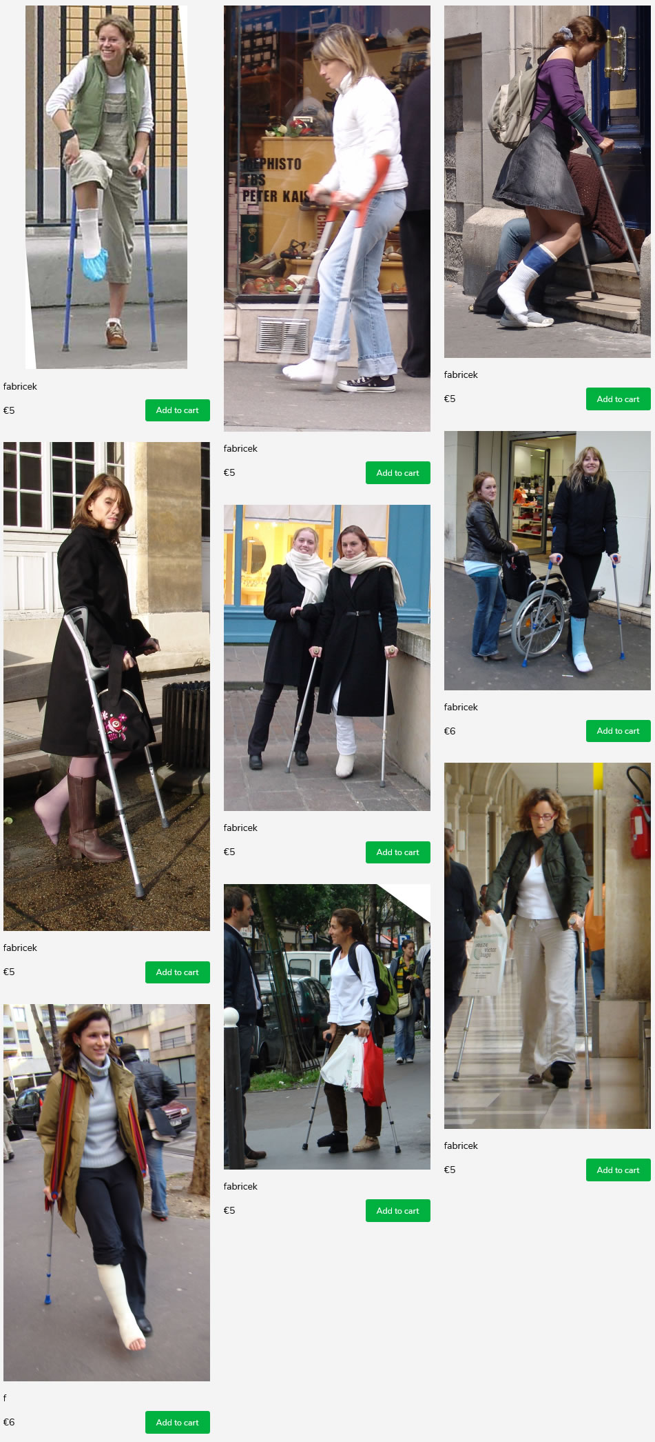 9 sets of women in the streets of france - all with their legs in plaster / fiber casts and socks over the casts...