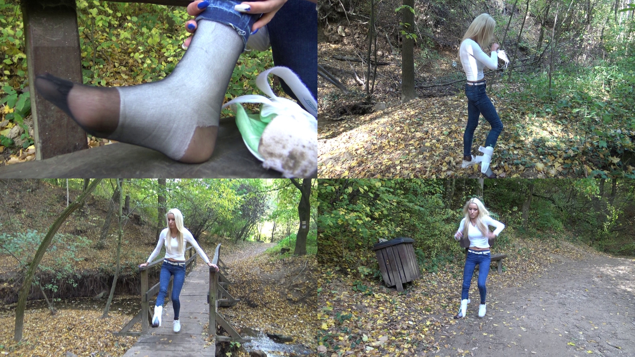  Britney - Hiking accident Part 1 + 2 - Britney is out for a walk in the forest, when she suddenly sprains her ankle. She is so angry, throws away her sneaker, and hop out of the forest. Later she comes back to find her missing shoe.
