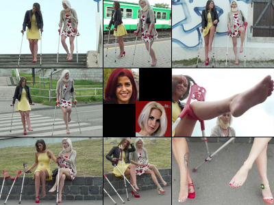 Deborah and Amydouxxx Crutching Sprain & Foot Show #3 - Deborah and Amydouxxx finish their public crutching by struggling down stairs, across a train platform and onto a plaza. But they spend most of the clip showing off their single bare feet...