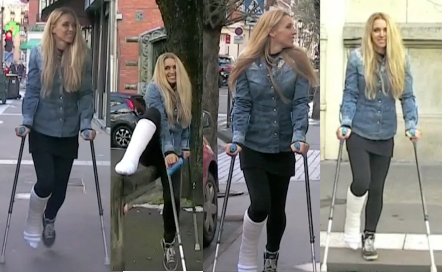 Linda SLC - Linda is gone for a long walk. She can't let her broken foot touches the ground, so she has to use crutches all the way. If you enjoy pretty blond girl struggling with crutches, this video is for you.