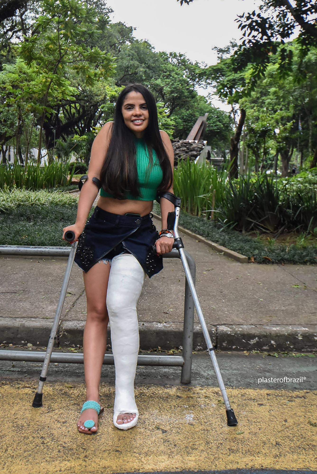 Thaynara Long Leg Cast - going to walk on crutches in a very beautiful and pleasant square